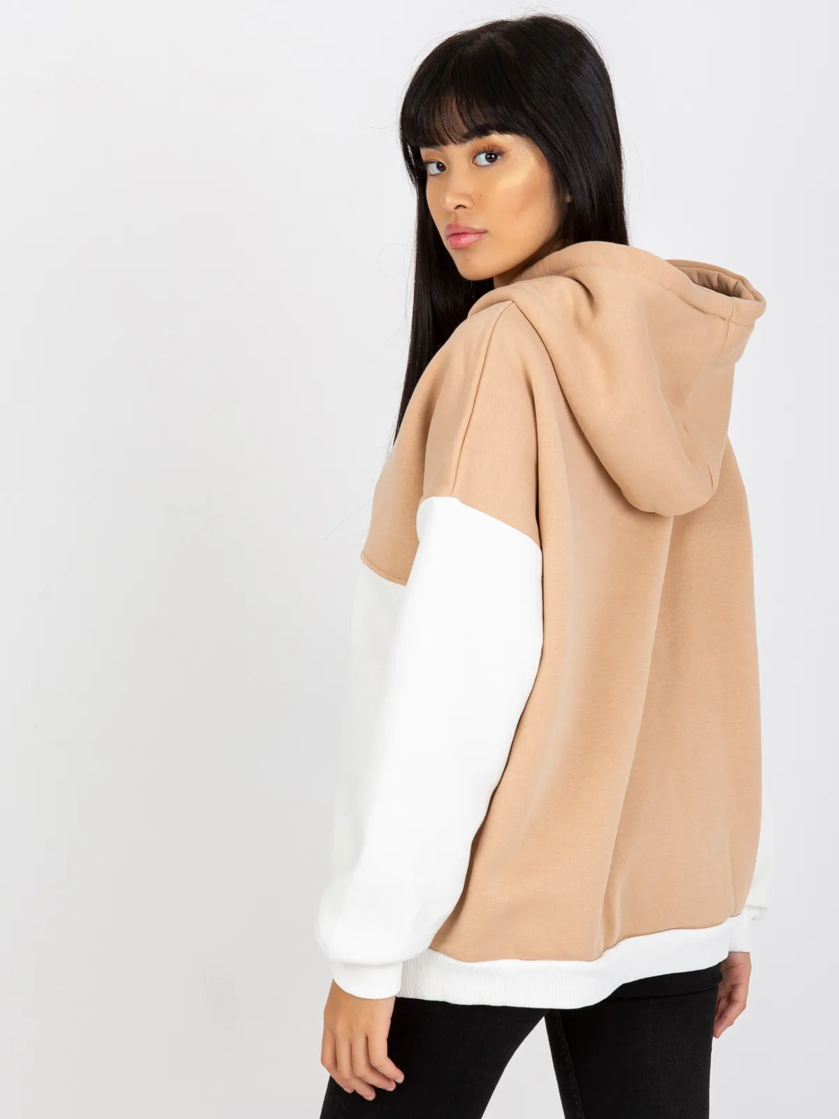 Zielono-ecru dresowa bluza basic kangurka RUE PARIS - zdjęcie 8