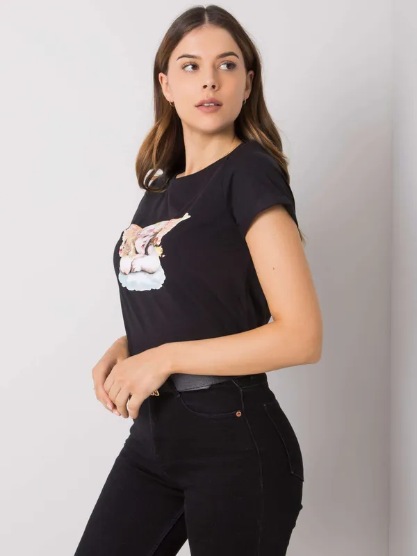 RUE PARIS Czarny t-shirt damski z printem - widok 2