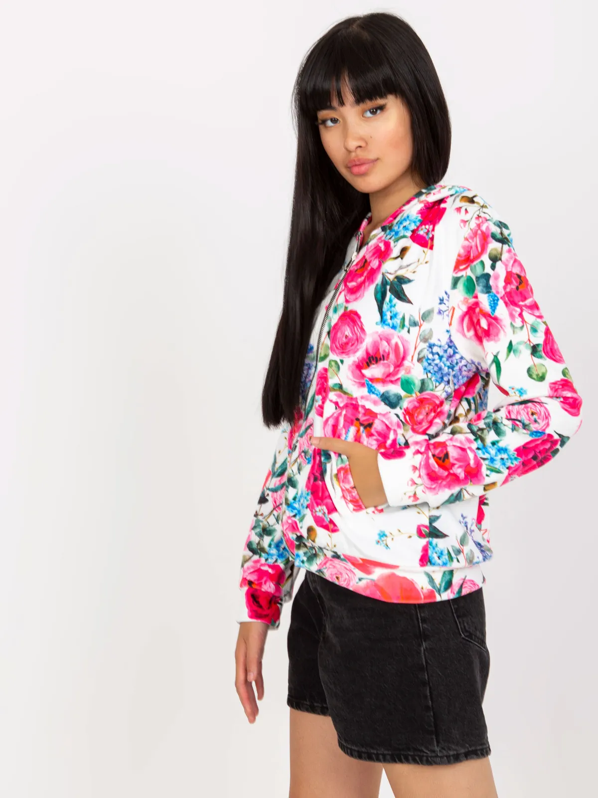 Czarno-różowa rozpinana bluza w kwiaty RUE PARIS - zdjęcie 8