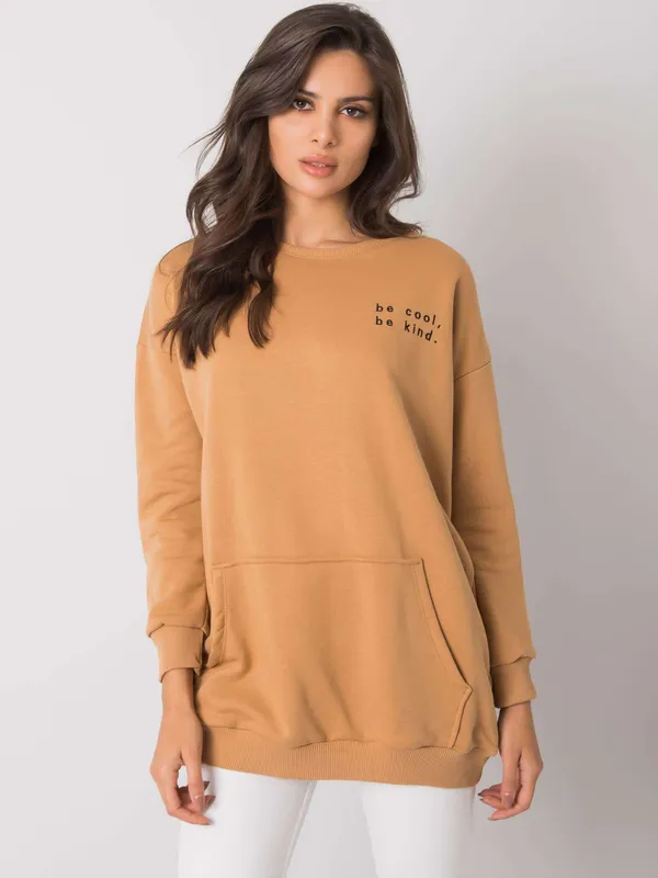 RUE PARIS Camelowa bluza kangurka bez kaptura - widok 2