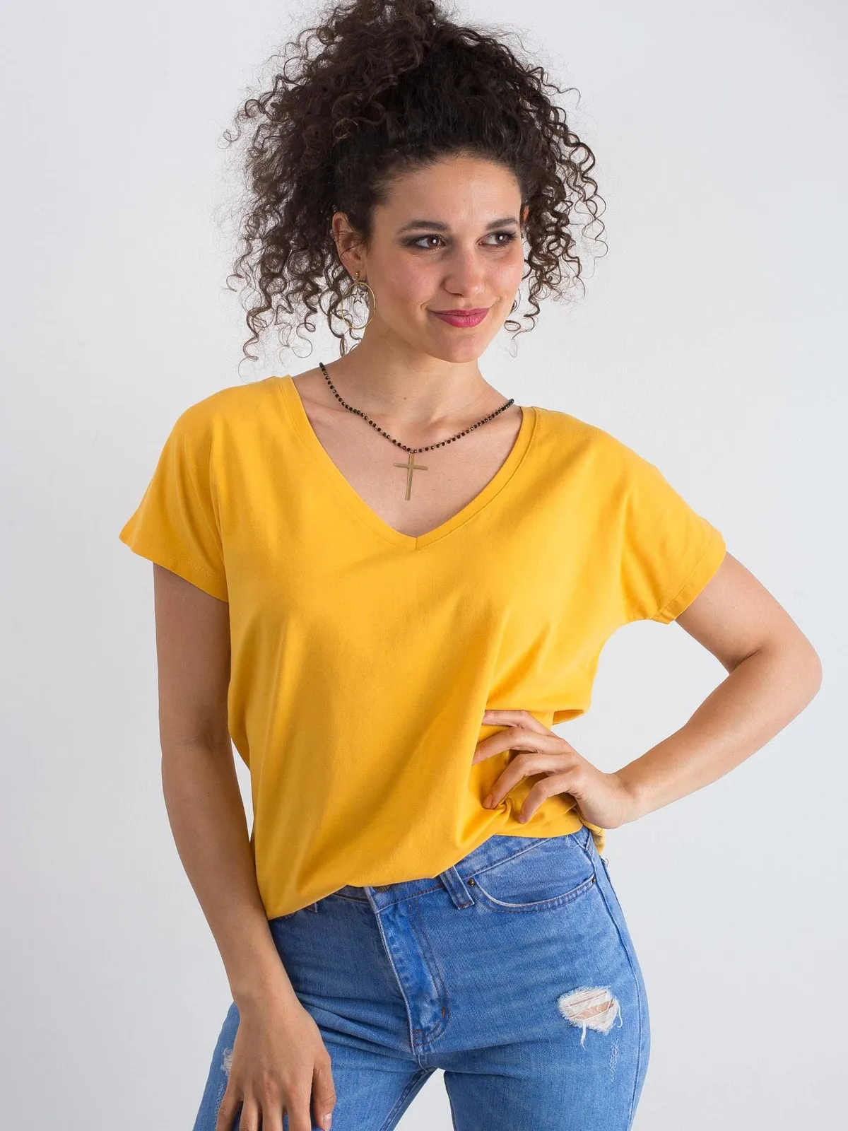 Bawełniany t-shirt V-neck jasnopomarańczowy - zdjęcie 2