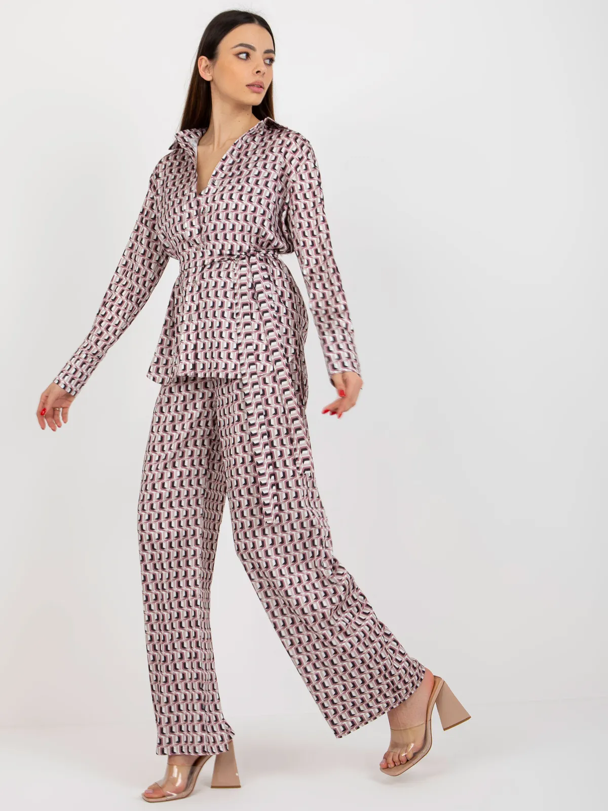Beżowo-różowy trzyczęściowy komplet elegancki z topem - zdjęcie 2