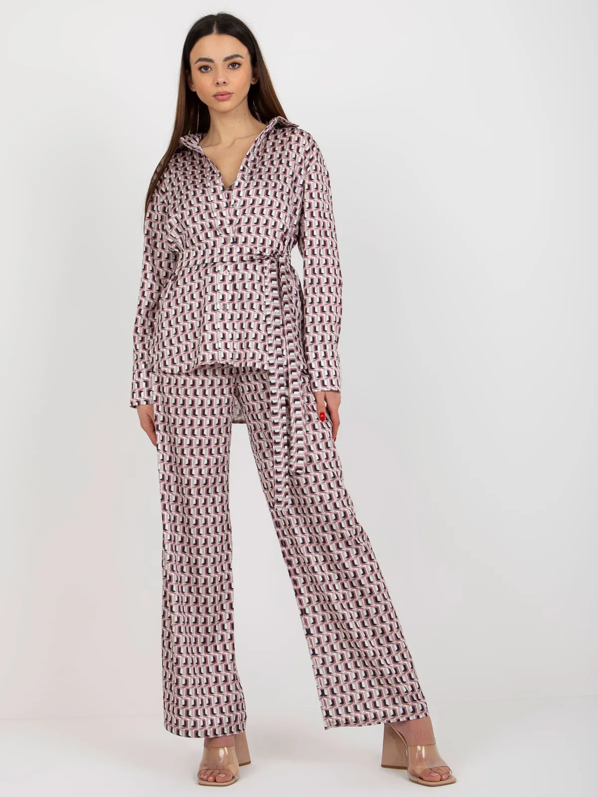 Beżowo-różowy trzyczęściowy komplet elegancki z topem - zdjęcie 6