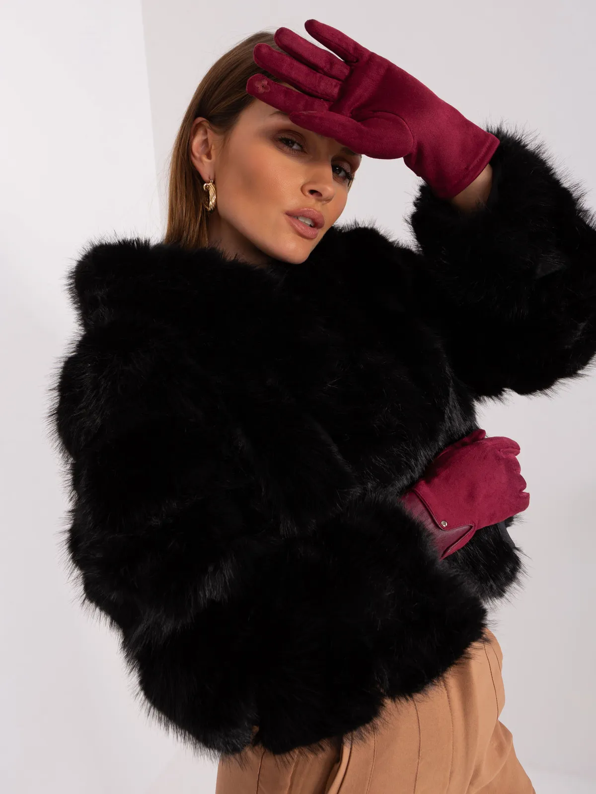 Bordowe eleganckie rękawiczki damskie - zdjęcie 3