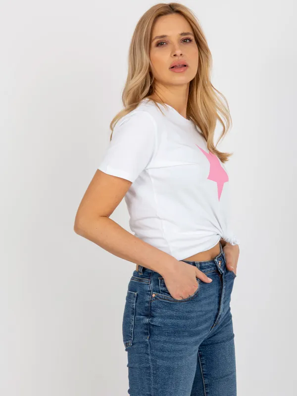 Biało-zielony t-shirt z nadrukiem gwiazdy BASIC FEEL GOOD - widok 2