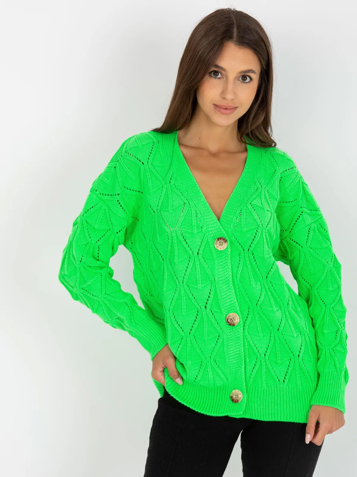 Fluo zielony sweter rozpinany w ażurowy wzór RUE PARIS - zdjęcie 2