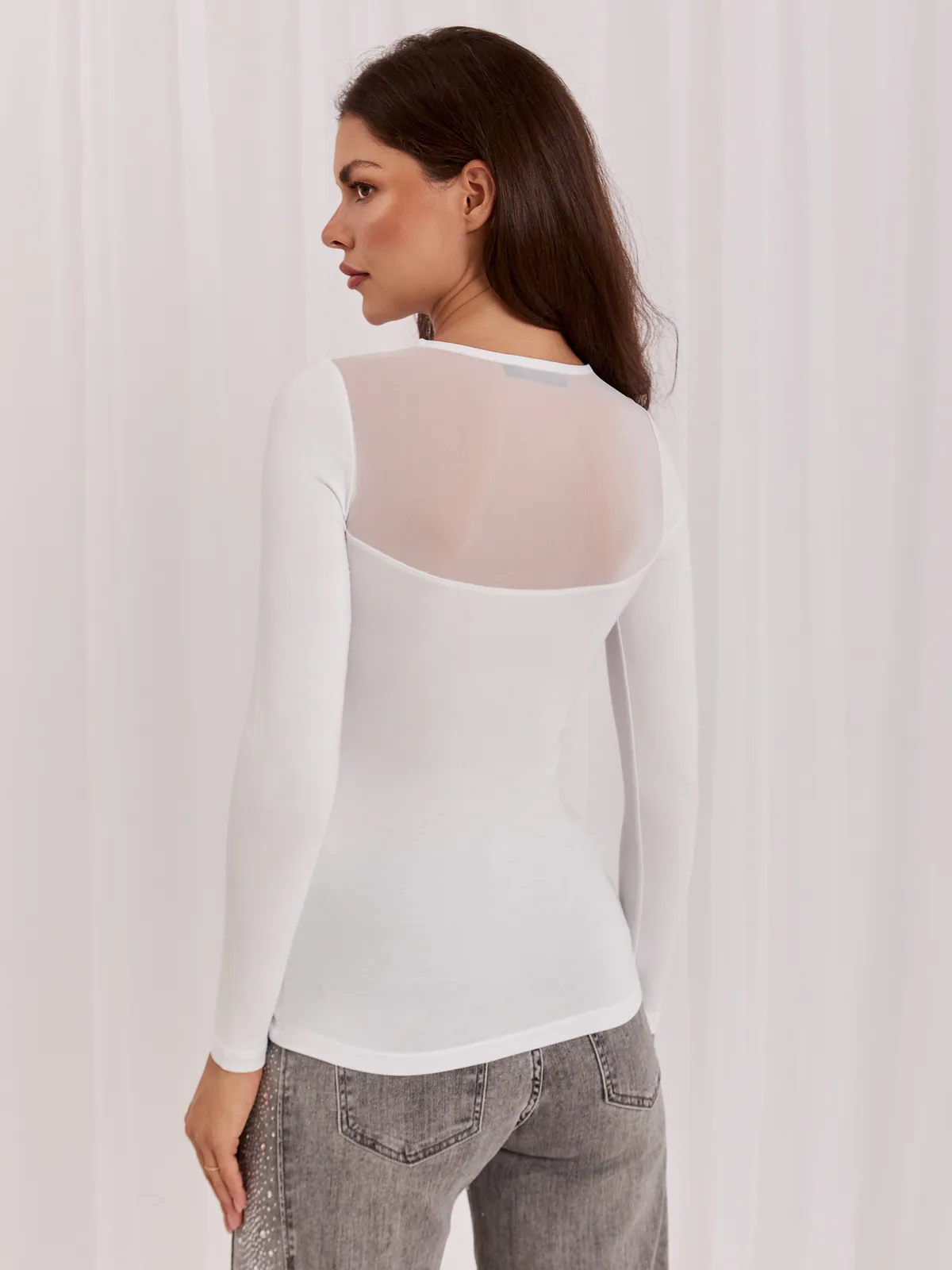 Beżowa bluzka basic z siateczką BASIC FEEL GOOD - zdjęcie 12