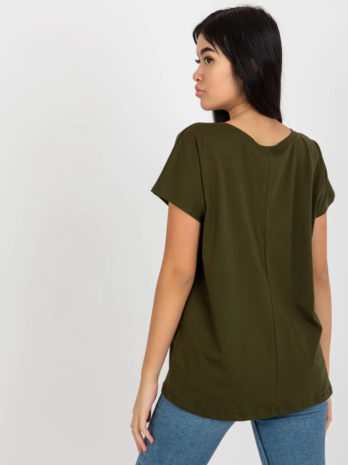 Khaki gładki t-shirt basic z dekoltem V Emory - zdjęcie 3