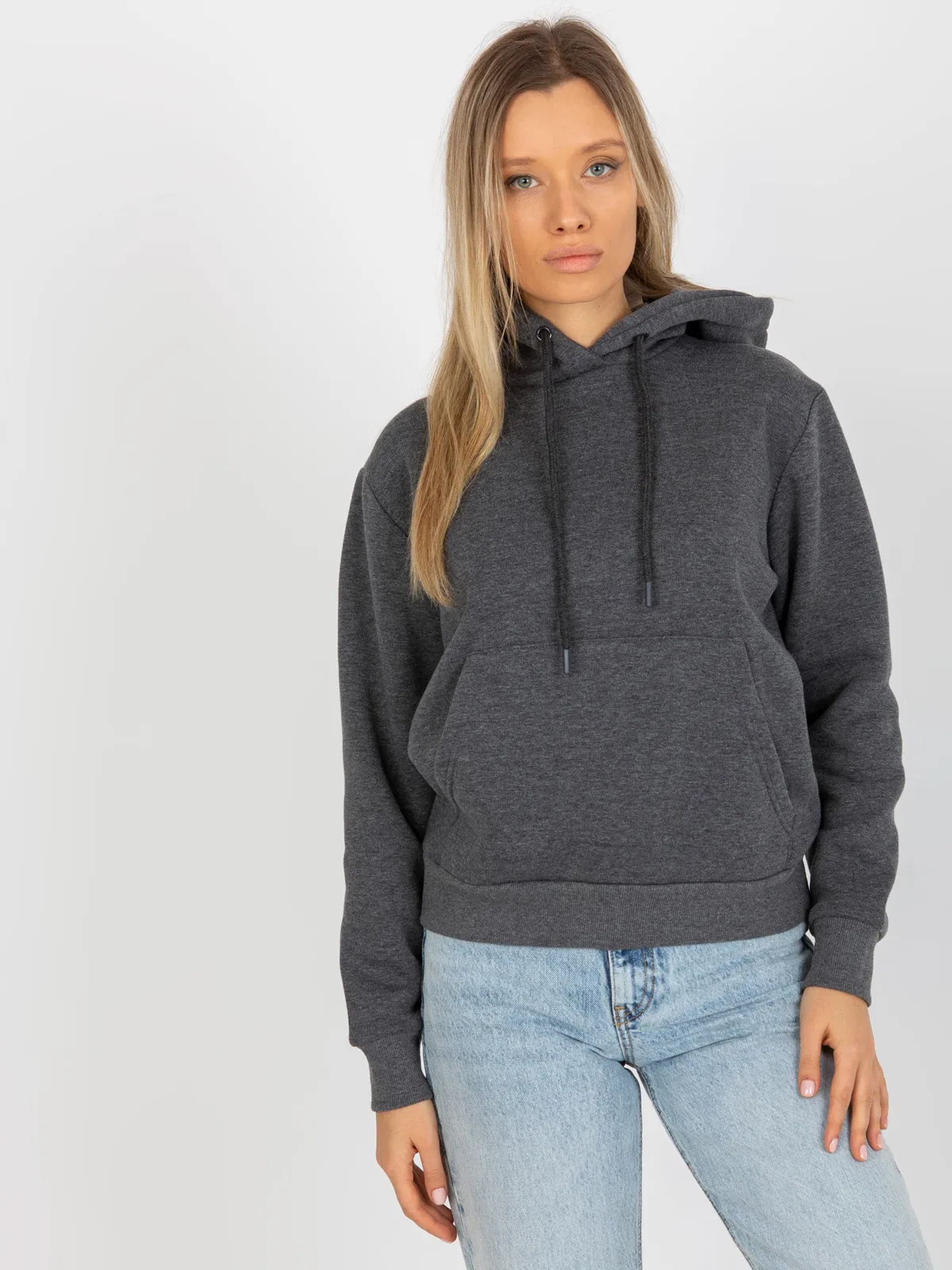 Ciemnoszara dresowa bluza basic kangurka RUE PARIS - zdjęcie 1