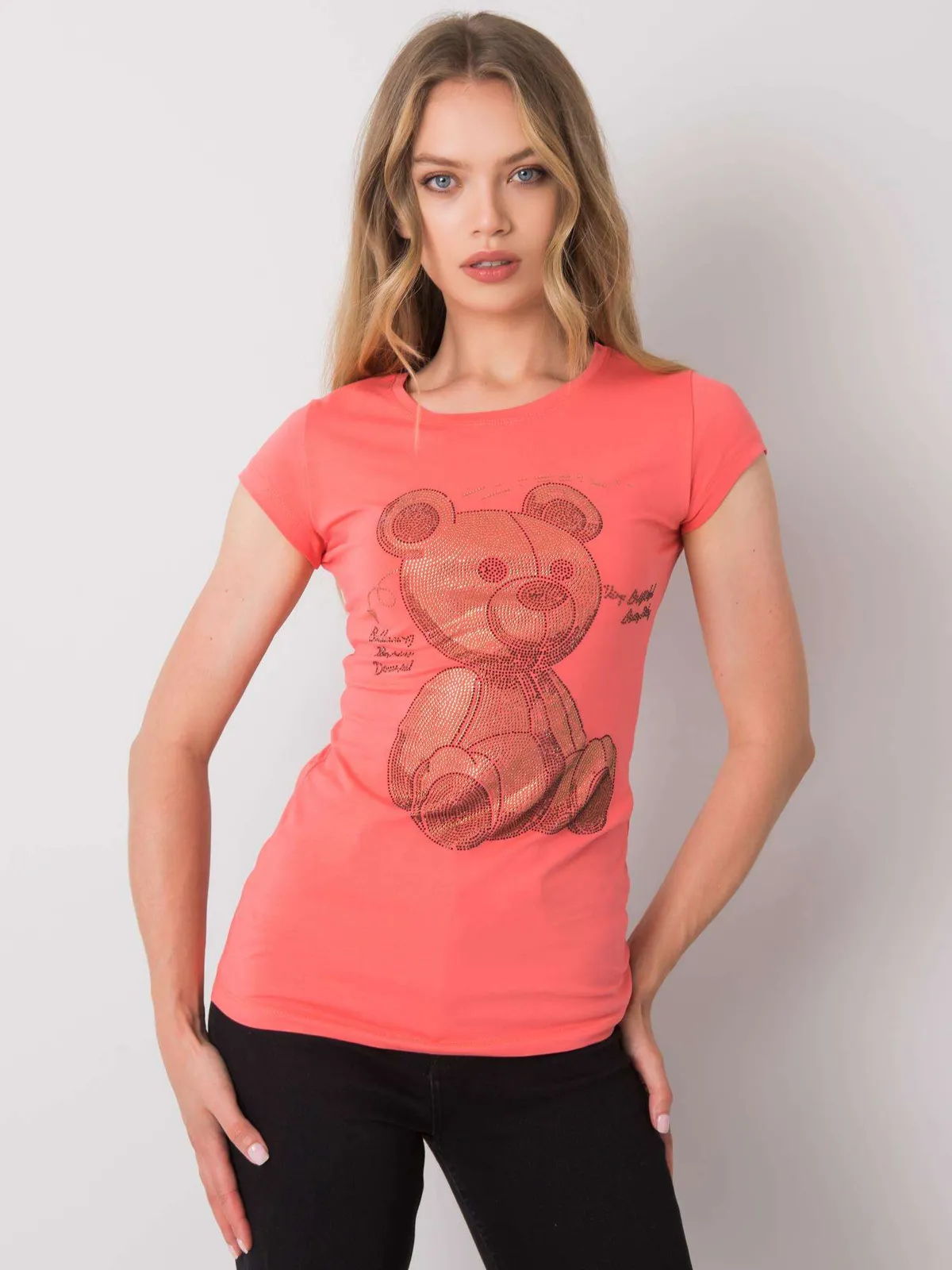 Ecru t-shirt damski z dżetami - zdjęcie 4