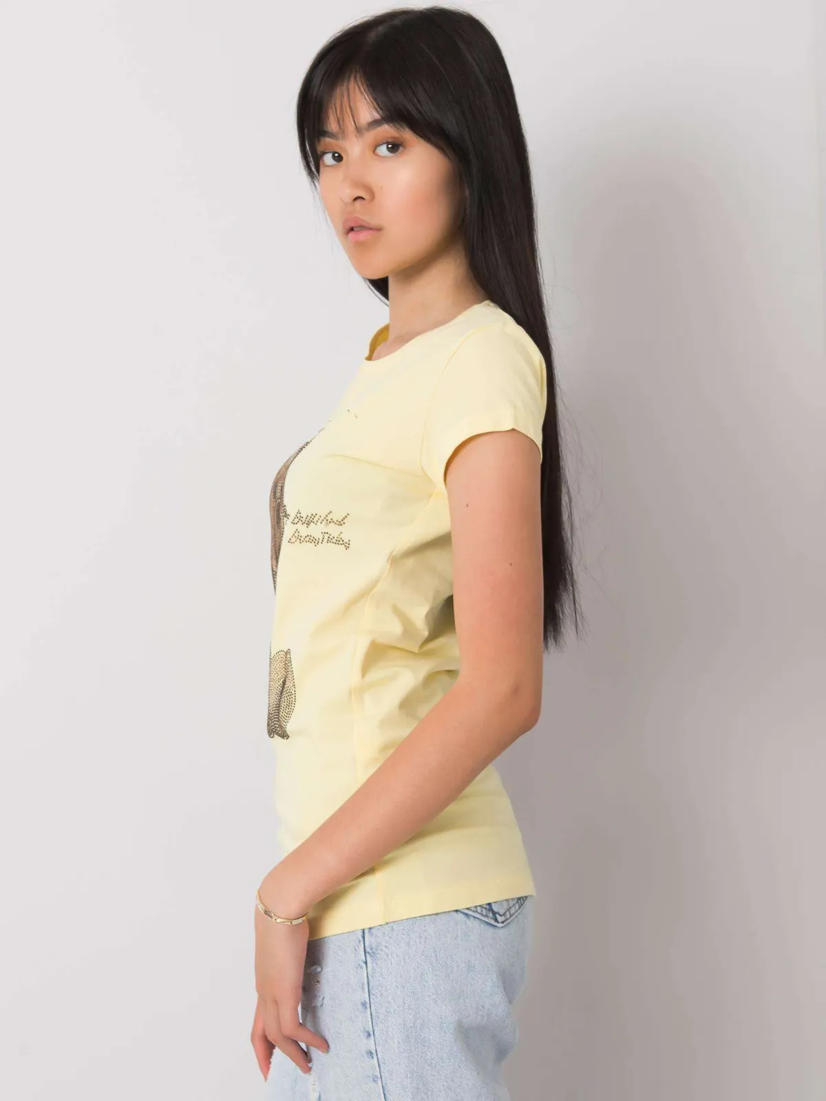 Ecru t-shirt damski z dżetami - zdjęcie 3
