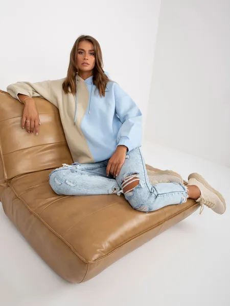 Beżowo-niebieska damska bluza basic z kapturem RUE PARIS