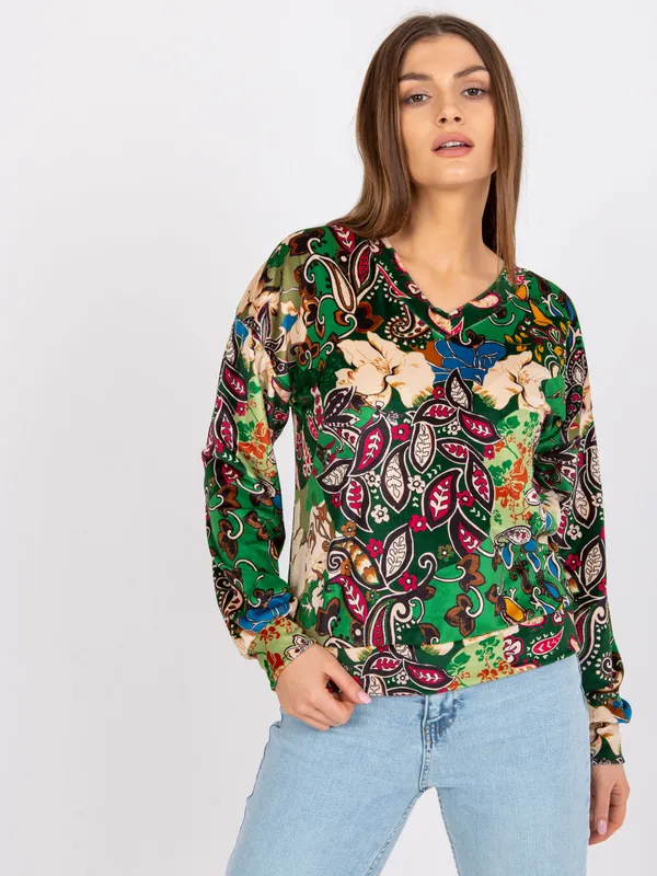 Wzorzysta bluzka oversize z dekoltem w serek - widok 2