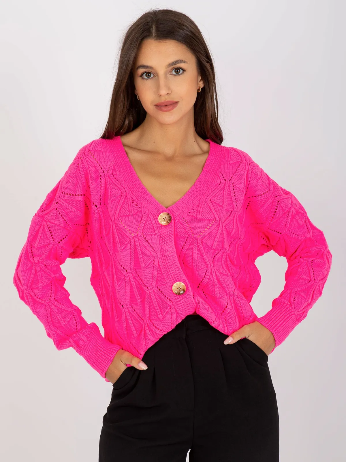 Fluo zielony sweter rozpinany w ażurowy wzór RUE PARIS - zdjęcie 1