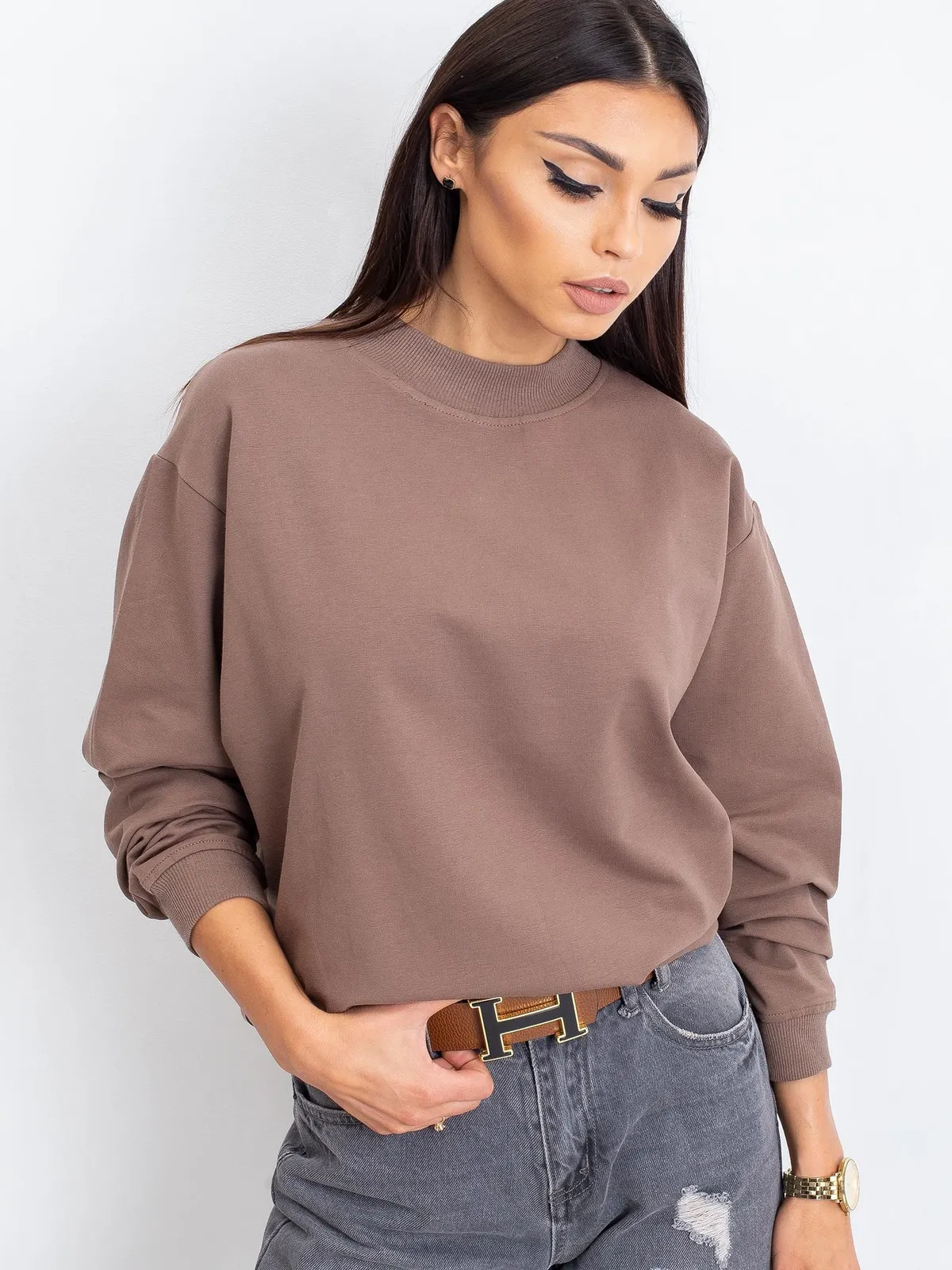 Kawowa bawełniana bluza basic - zdjęcie 2