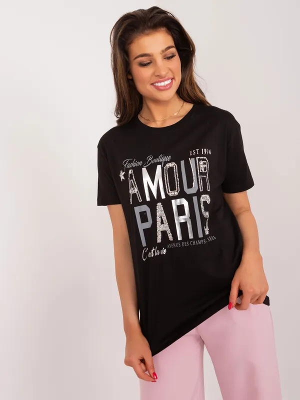 Casualowy t-shirt z ozdobnym nadrukiem w stylu paryskim - widok 2