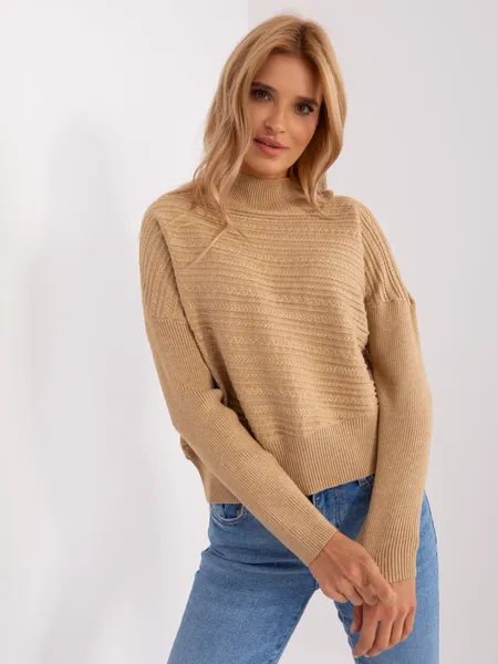 Jasnobrązowy sweter asymetryczny z wełną