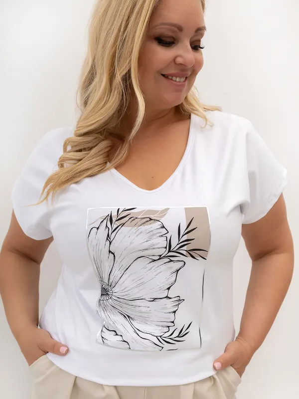 Casualowy T-shirt z dekoltem w serek i nadrukiem - widok 2