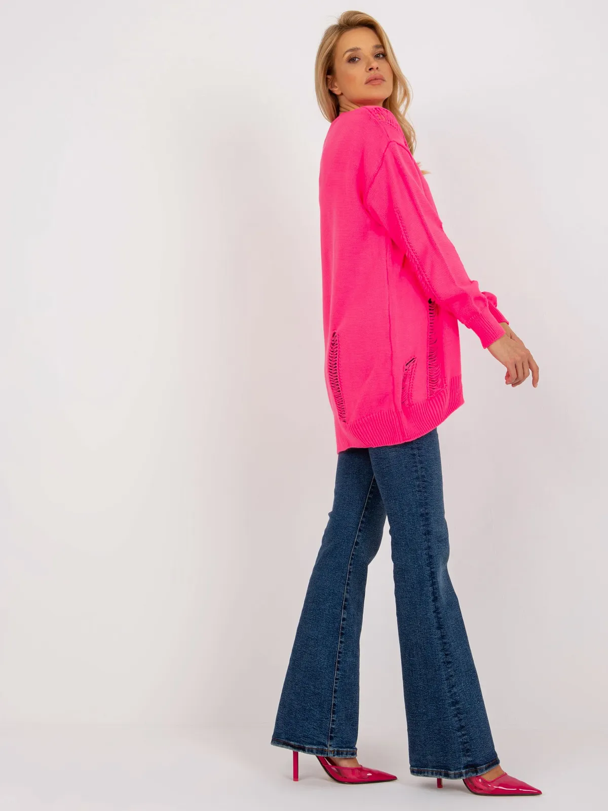 Fluo różowy luźny sweter rozpinany z dziurami RUE PARIS - zdjęcie 3