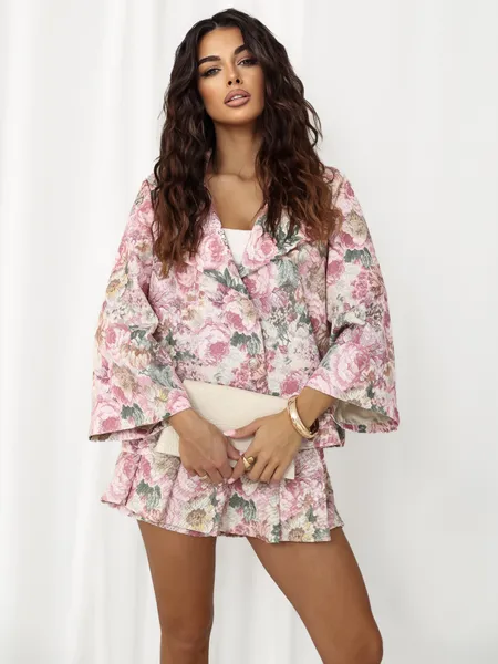 Żakiet oversize z szerokimi rękawami w kwiaty