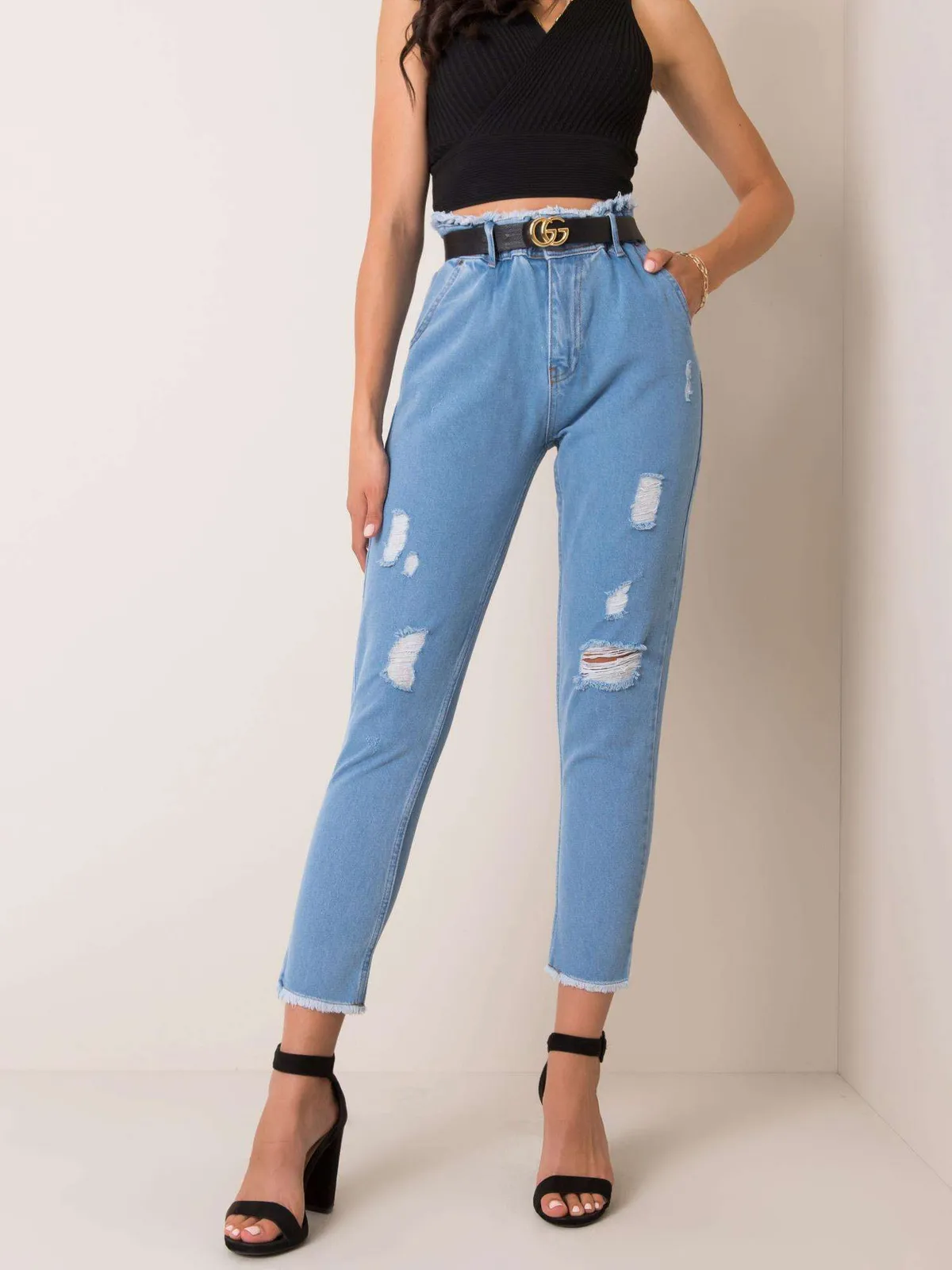 RUE PARIS Niebieskie jeansy high waist z przetarciami - zdjęcie 3