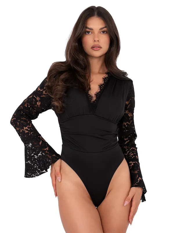 Dopasowane body z głębokim dekoltem i rozszerzanymi rękawami