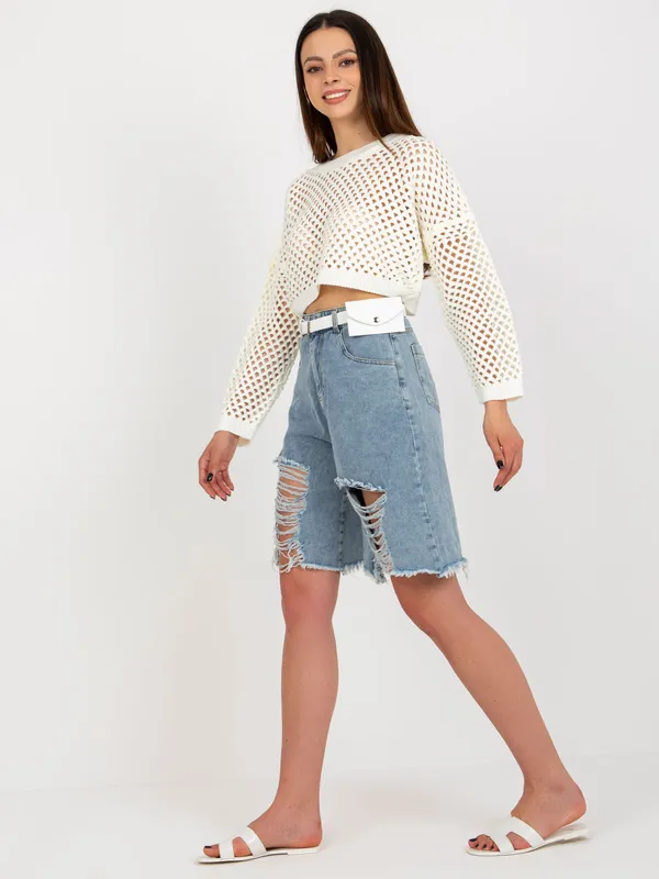 Niebieskie długie szorty jeansowe z dziurami - widok 2