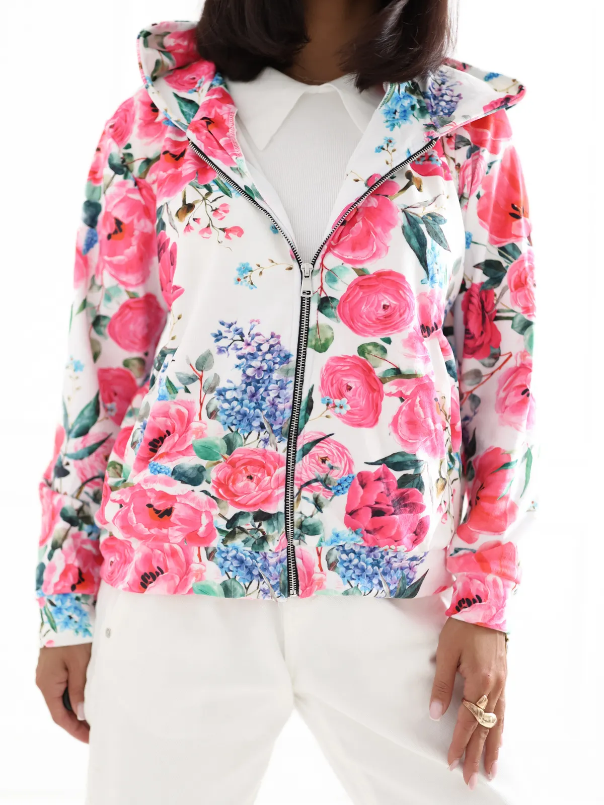 Czarno-różowa rozpinana bluza w kwiaty RUE PARIS - zdjęcie 2