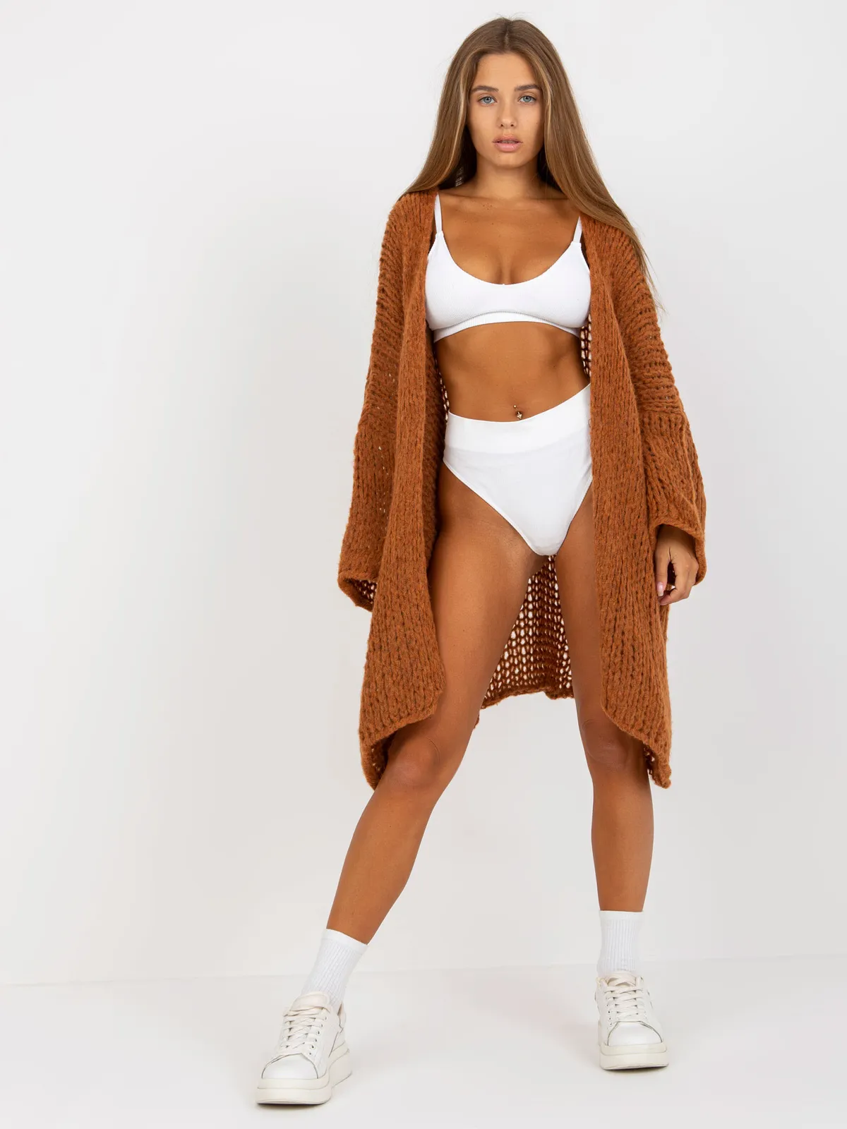 Brązowy dzianinowy kardigan oversize OCH BELLA - zdjęcie 4