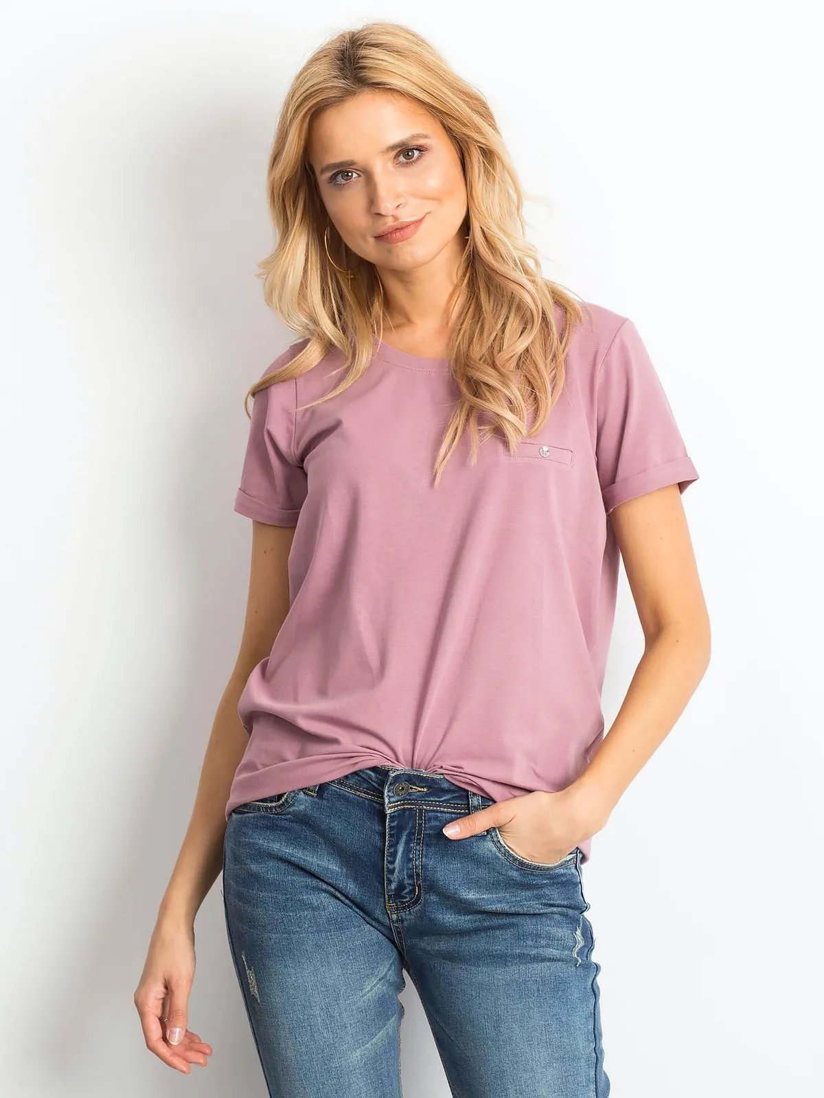Bawełniany t-shirt damski basic brudnoróżowy - zdjęcie 2