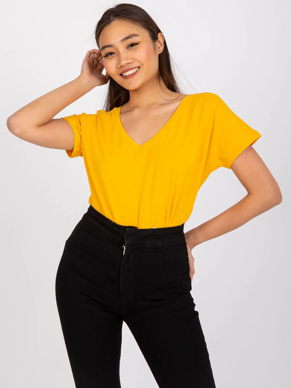 Bawełniany t-shirt V-neck jasnopomarańczowy - zdjęcie 5