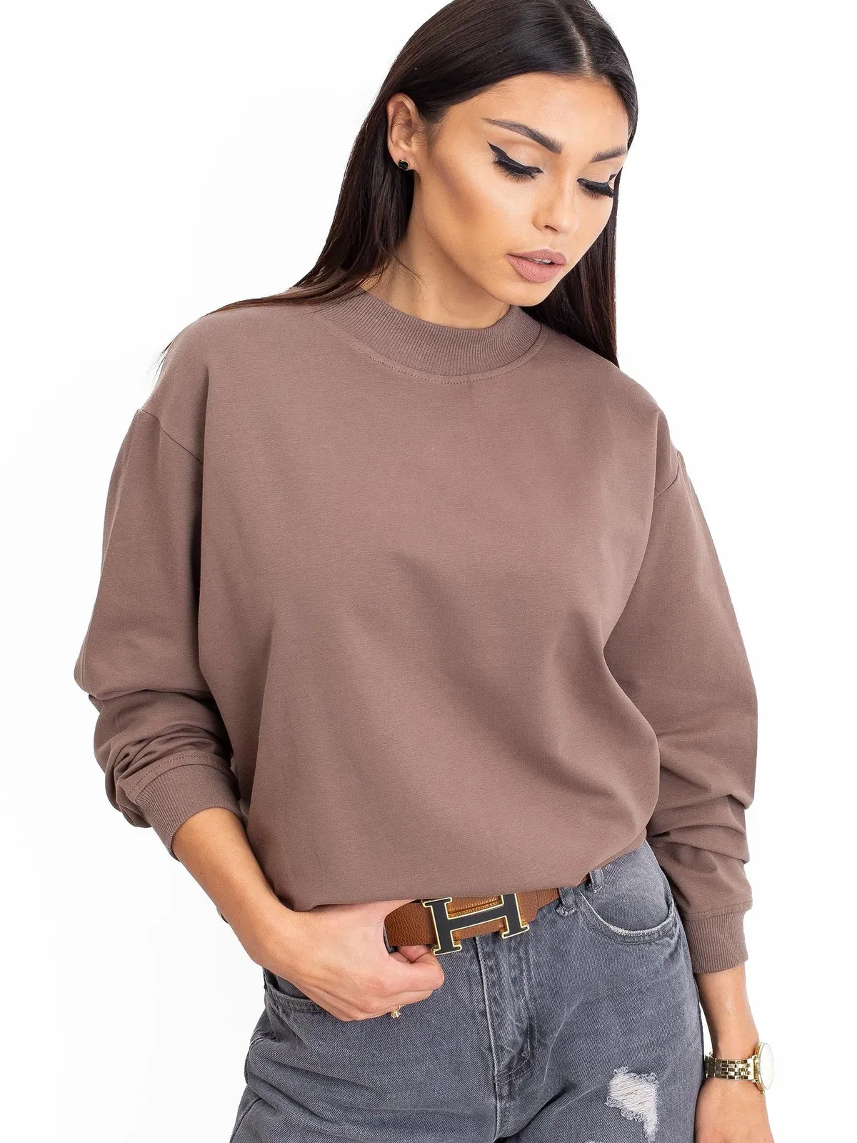 Kawowa bawełniana bluza basic - zdjęcie 3