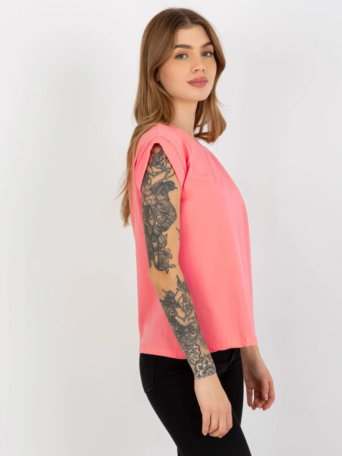 Brzoskwiniowy gładki t-shirt basic z bawełny Revolution - zdjęcie 3