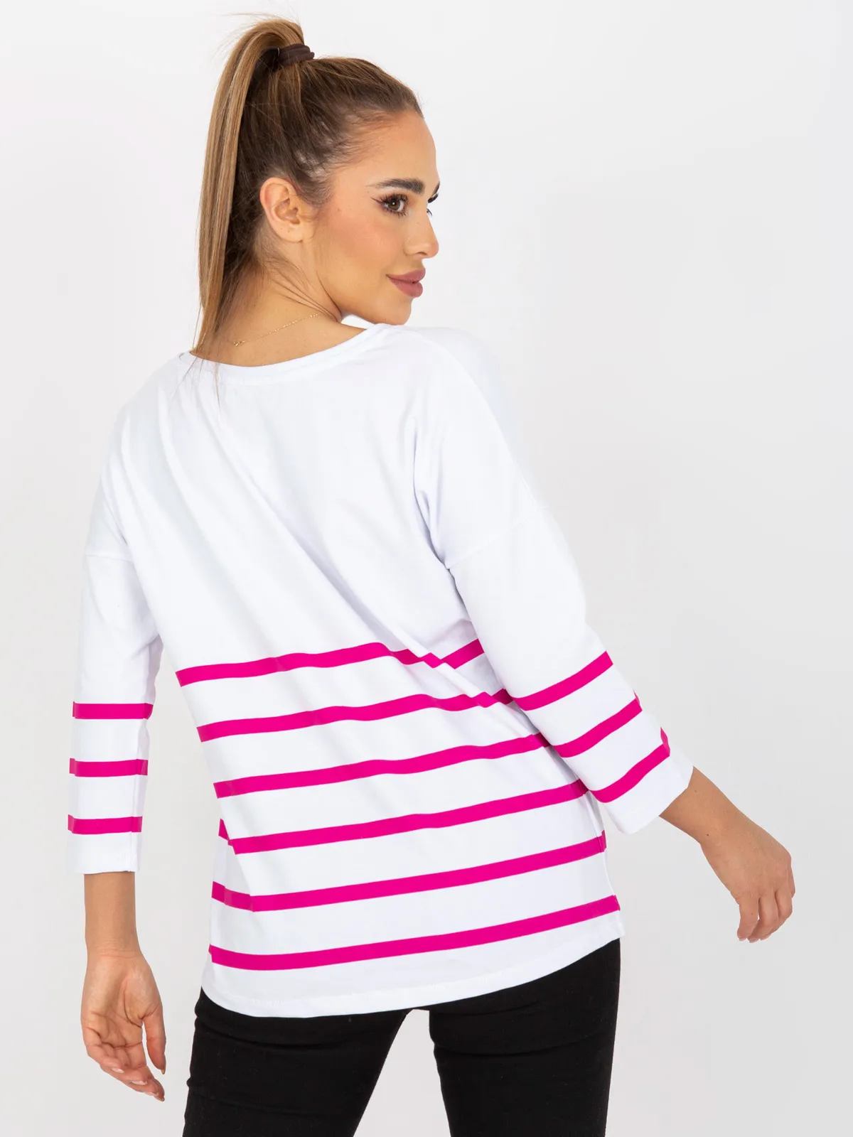 Biało-fuksjowa bluzka basic z rękawem 3/4 RUE PARIS - zdjęcie 1