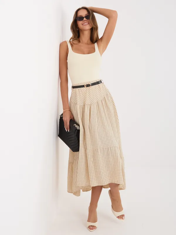 Rozkloszowana spódnica midi z falbaną w kratkę