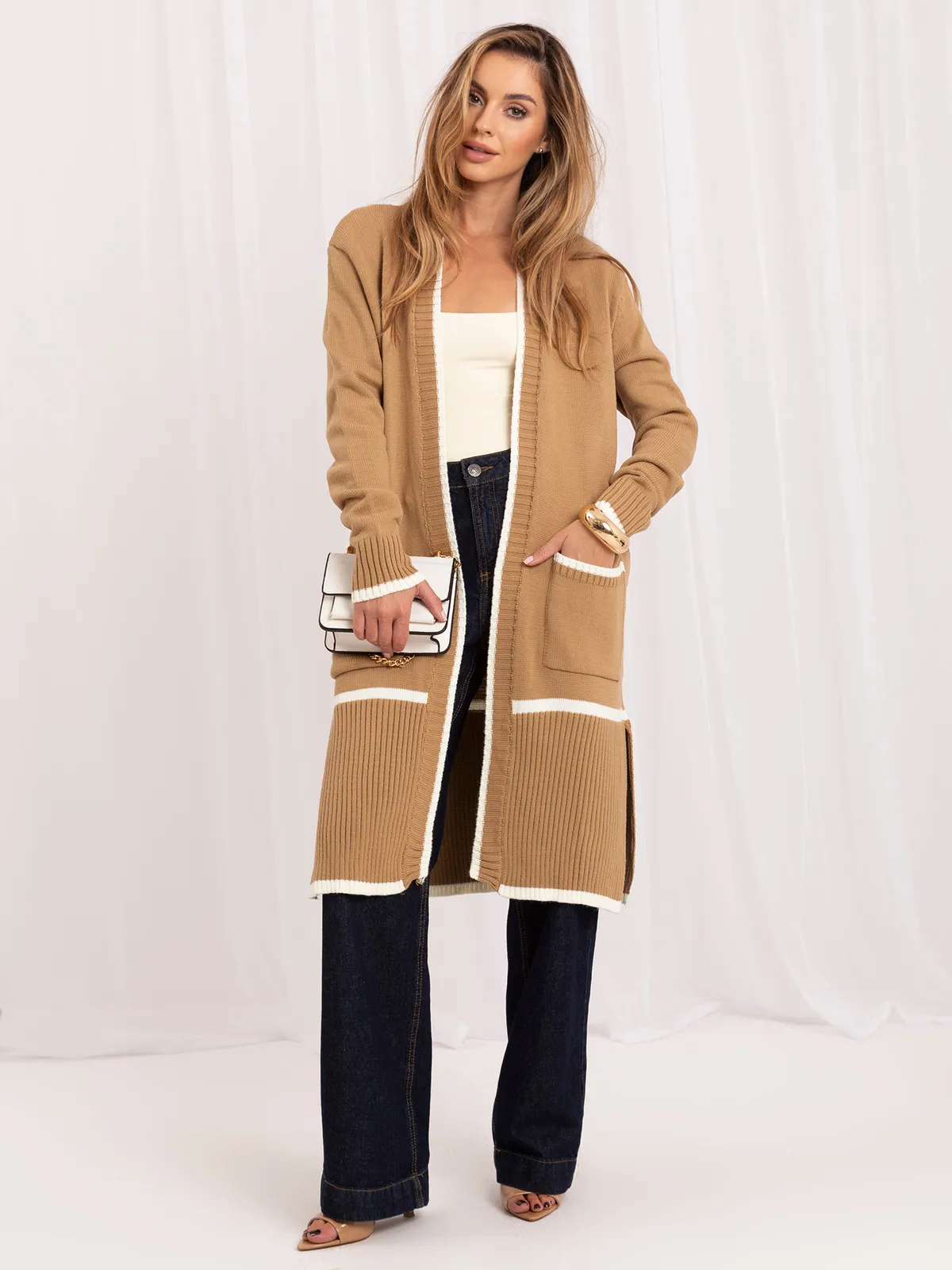 Szaro-ecru długi kardigan bez zapięcia RUE PARIS - zdjęcie 3