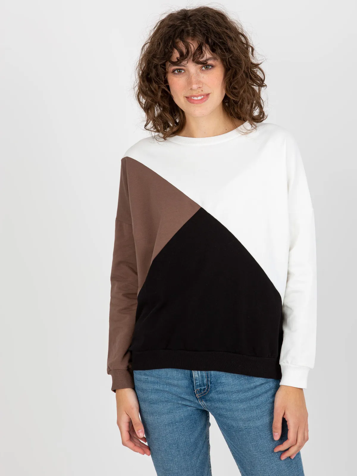 Biało-brązowa bawełniana bluza basic bez kaptura - zdjęcie 2
