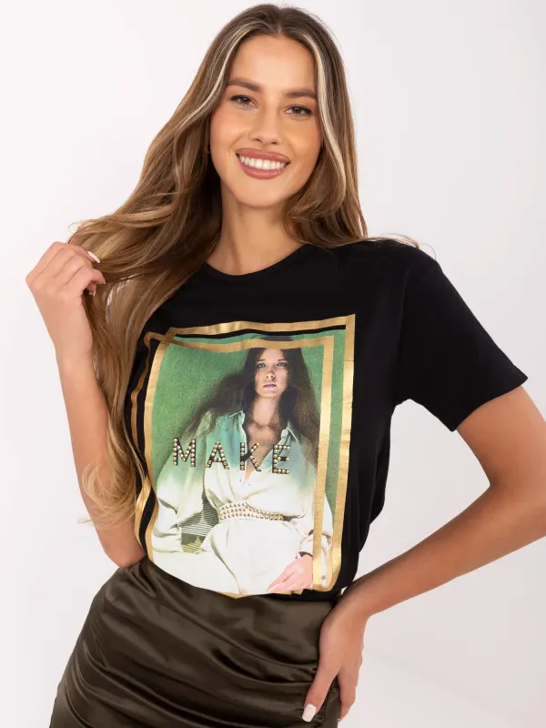 T-shirt casualowy z ozdobnym nadrukiem fotograficznym
