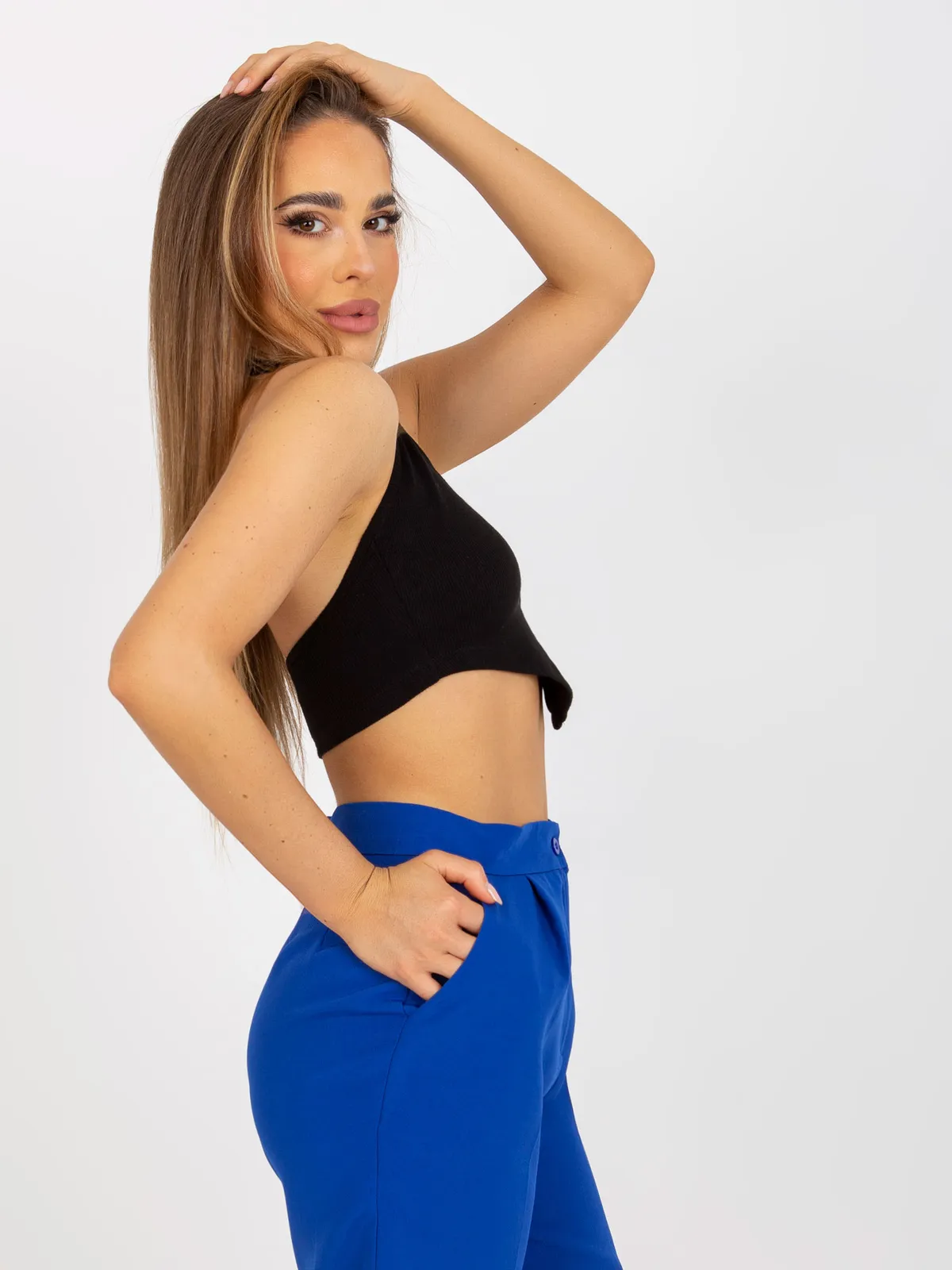 Pomarańczowy crop top basic z bawełny prążkowanej RUE PARIS - zdjęcie 1
