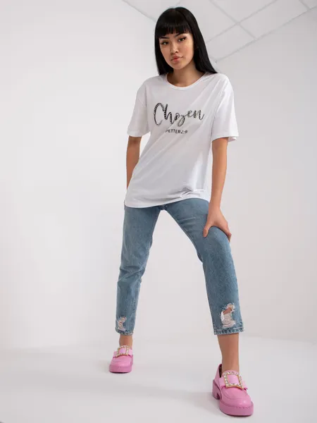 T-shirt oversize z ozdobnym napisem i cyrkoniami