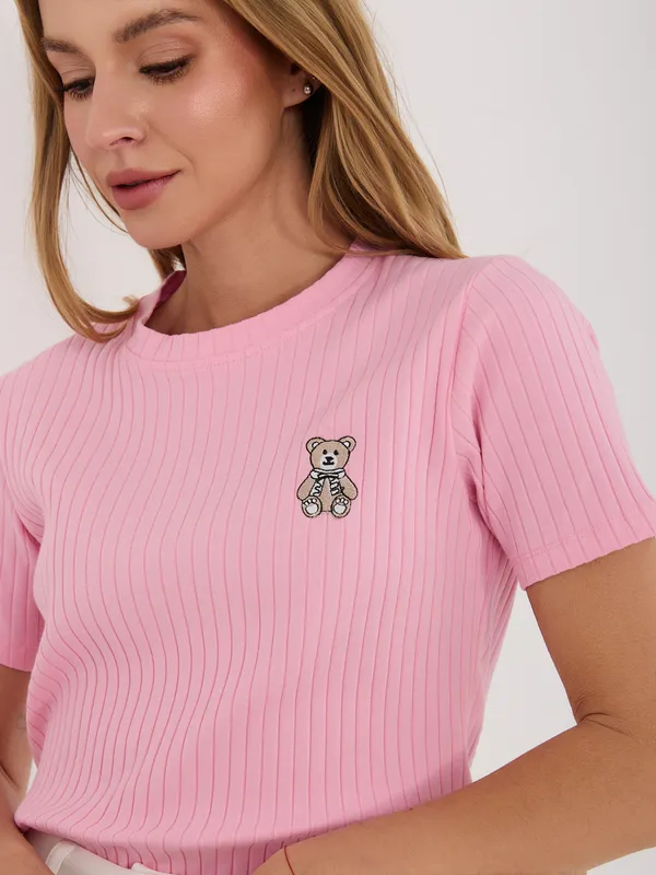 Prążkowany t-shirt z naszywką uroczego misia