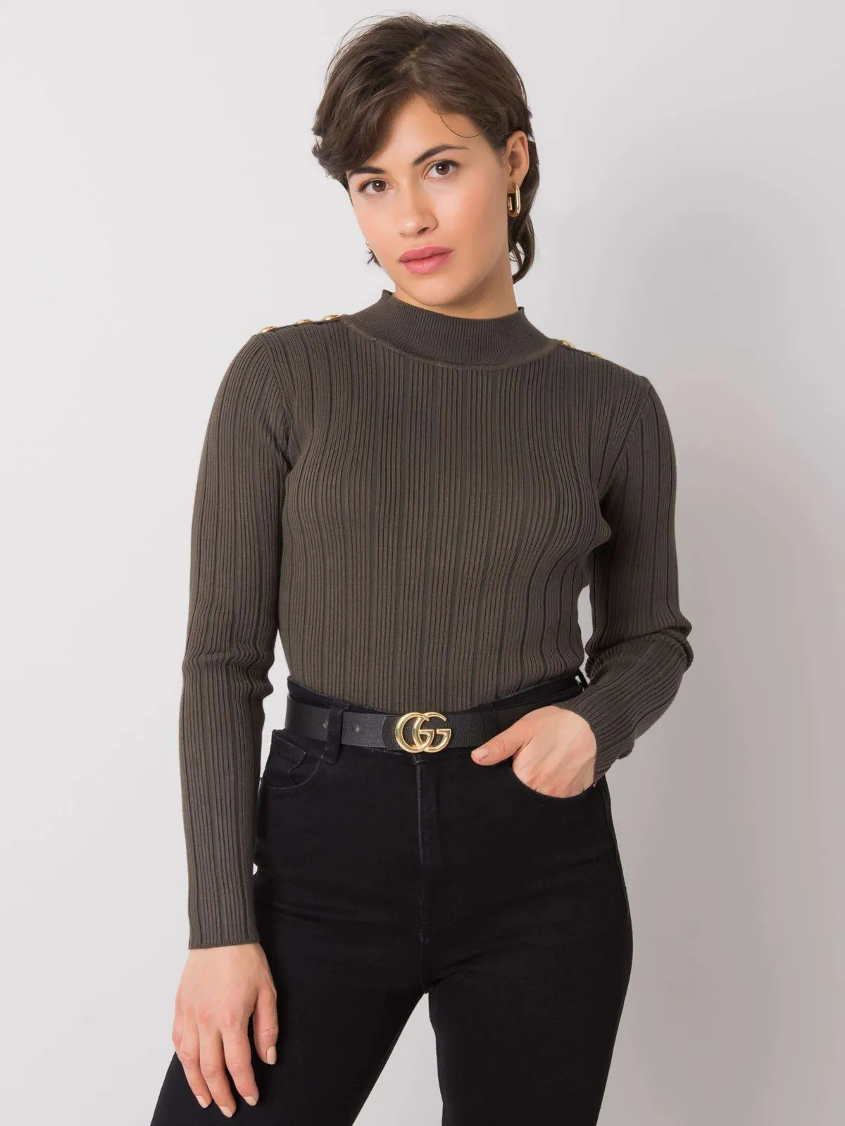 Khaki sweter damski w prążki - zdjęcie 3
