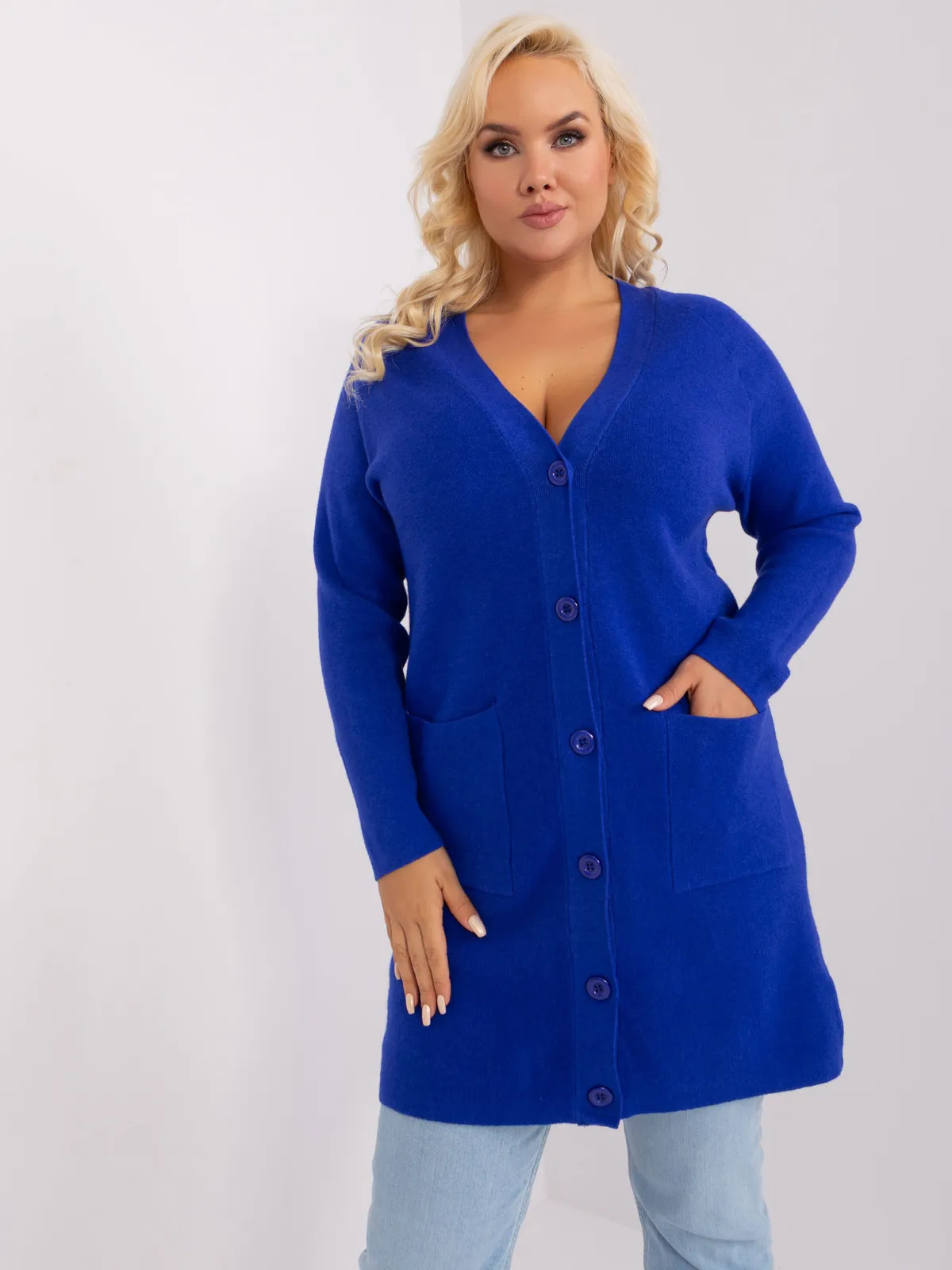 Kobaltowy damski sweter rozpinany plus size - zdjęcie 3