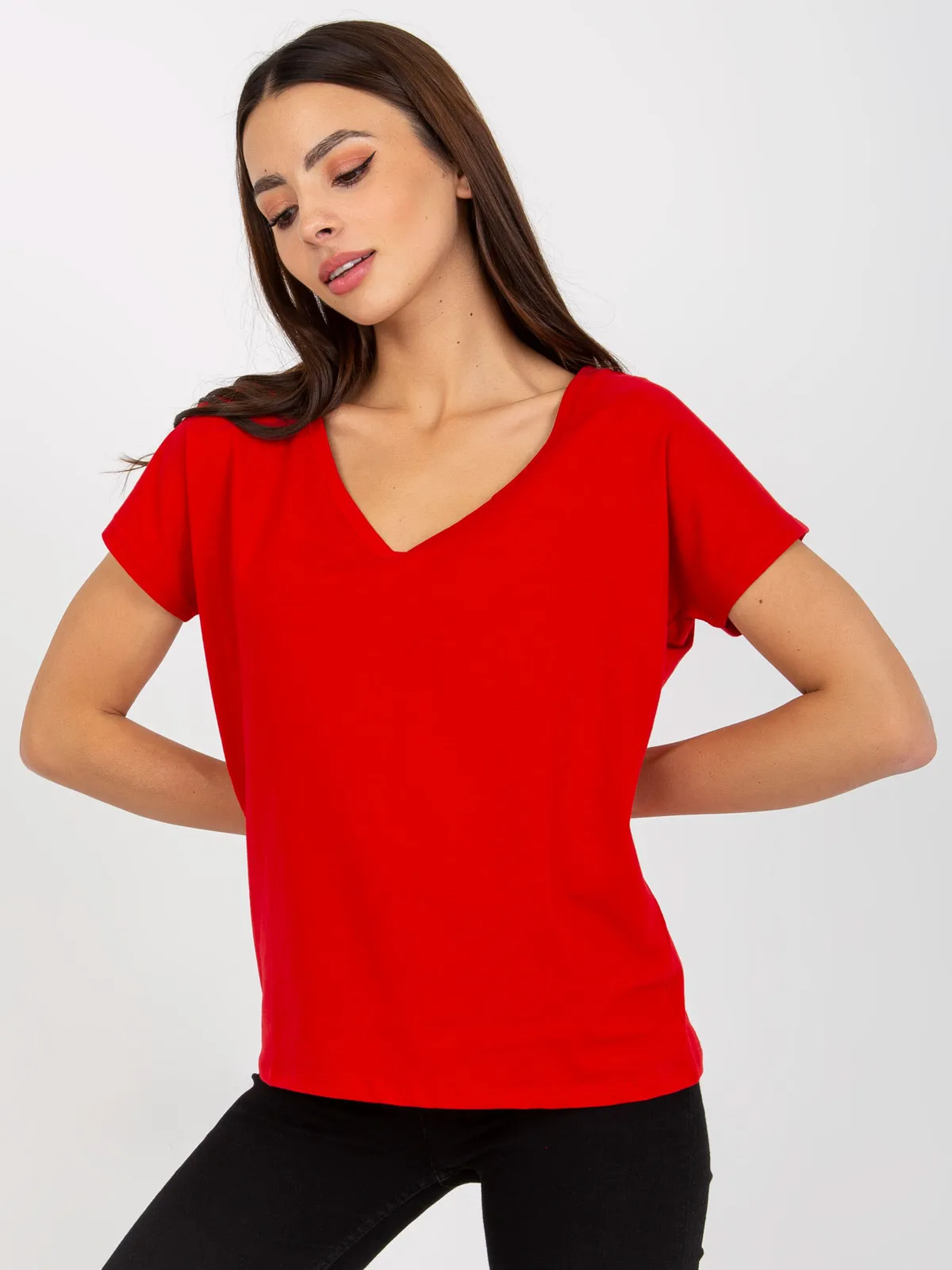 Czerwony damski t-shirt basic z bawełny - zdjęcie 4
