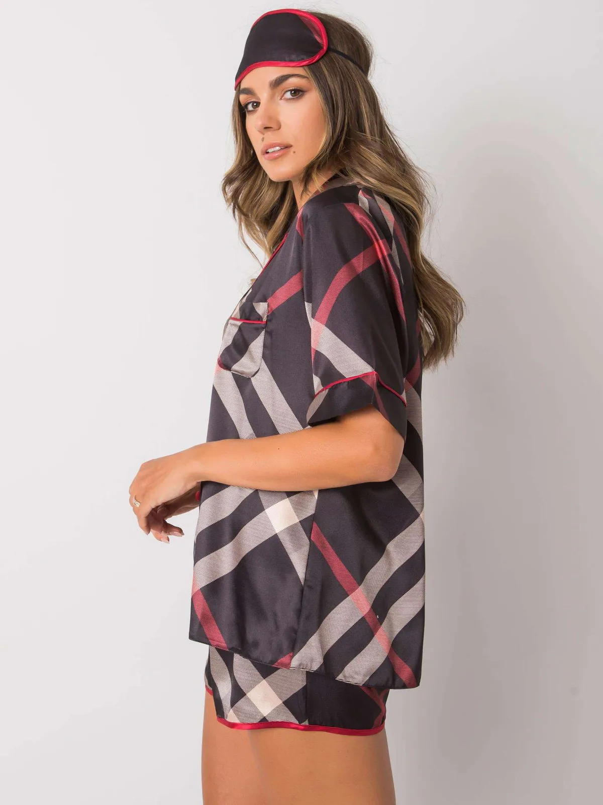 Komplet piżamowy z opaską do spania w kratę - zdjęcie 1