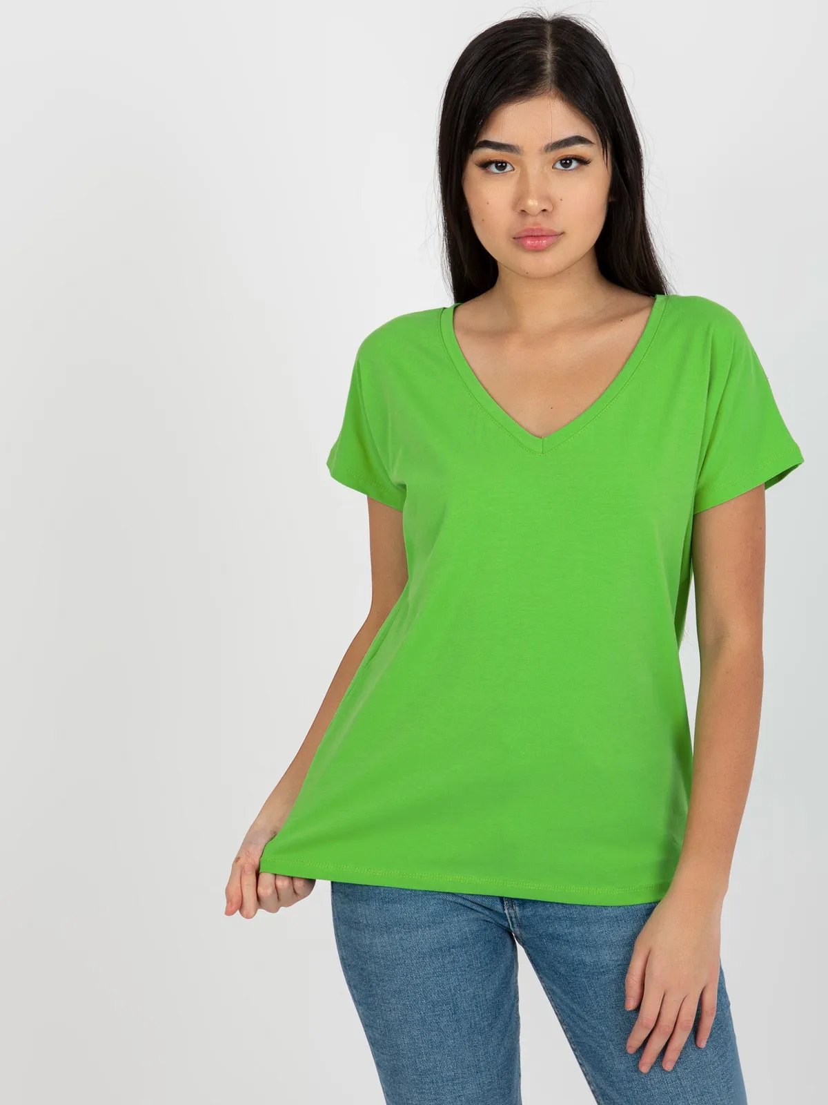 Jasnozielony klasyczny t-shirt basic z dekoltem V Emory - zdjęcie 2