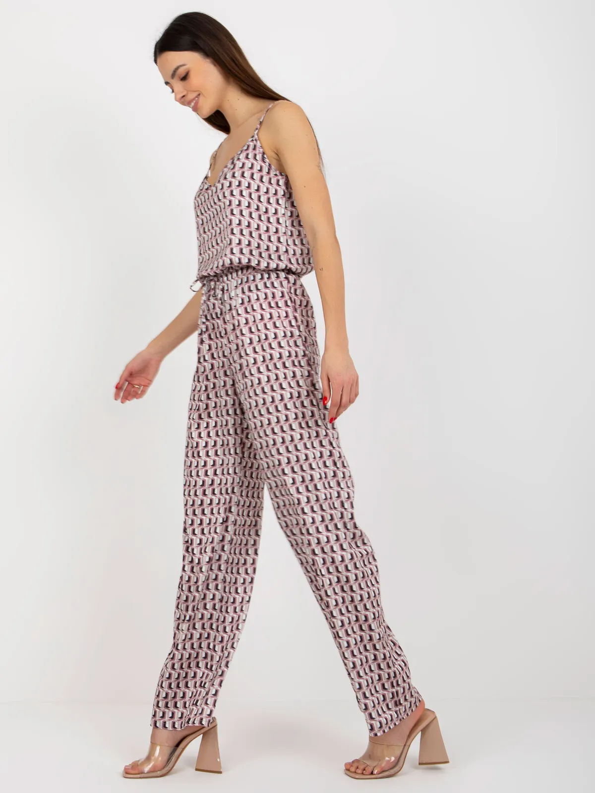 Beżowo-różowy trzyczęściowy komplet elegancki z topem - zdjęcie 7