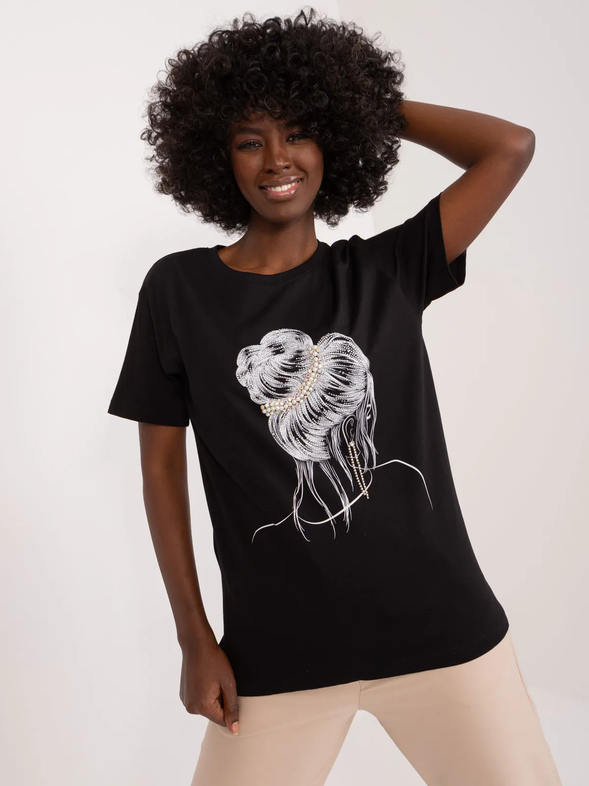 Casualowy T-shirt z ozdobnym nadrukiem cyrkonowym - zdjęcie 1