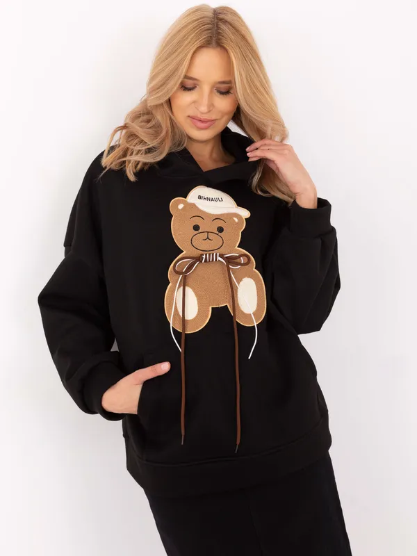 Bluza oversize z aplikacją misia i kapturem - widok 2