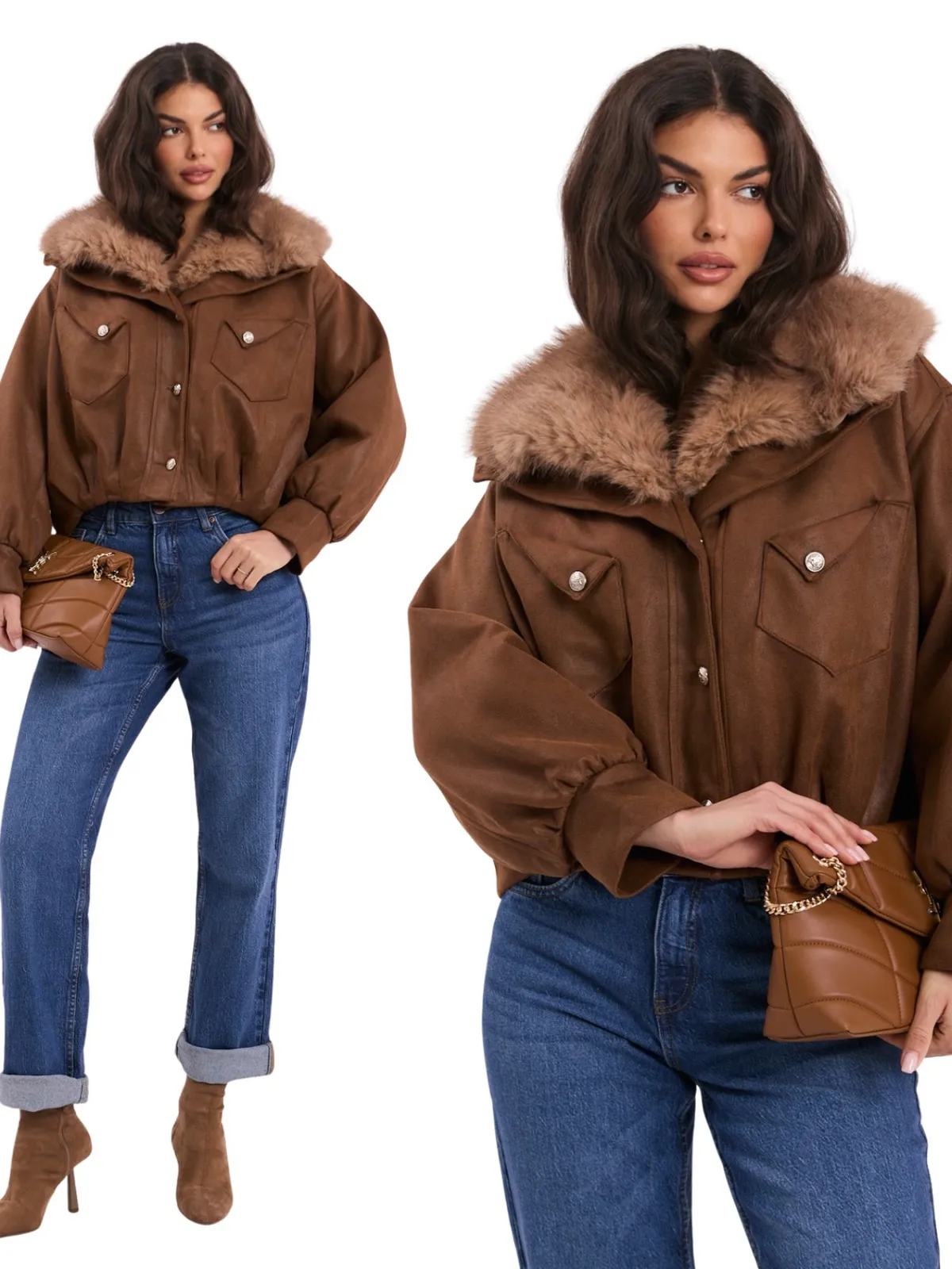 Oversizowa kurtka z futrzanym kołnierzem w stylu retro - zdjęcie 5